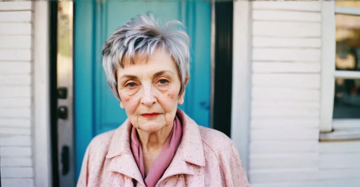 A chic elderly woman with a modern, choppy pixie haircut with uneven layers.