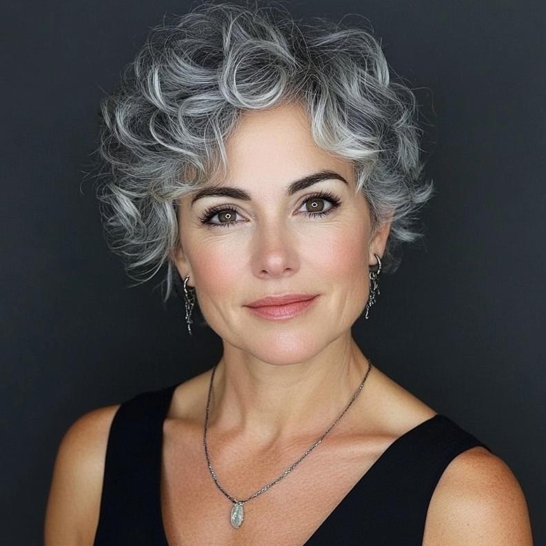 A chic gray curly pixie with defined curls for women over 50, offering a fun and modern hairstyle.