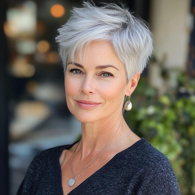 A chic gray feathered pixie cut for women over 50, offering a light and airy style.