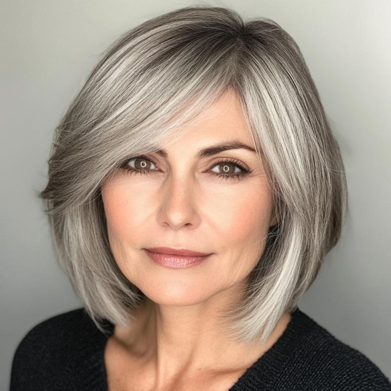 A chic gray layered bob with side-swept bangs, perfect for women over 50 seeking a youthful look.