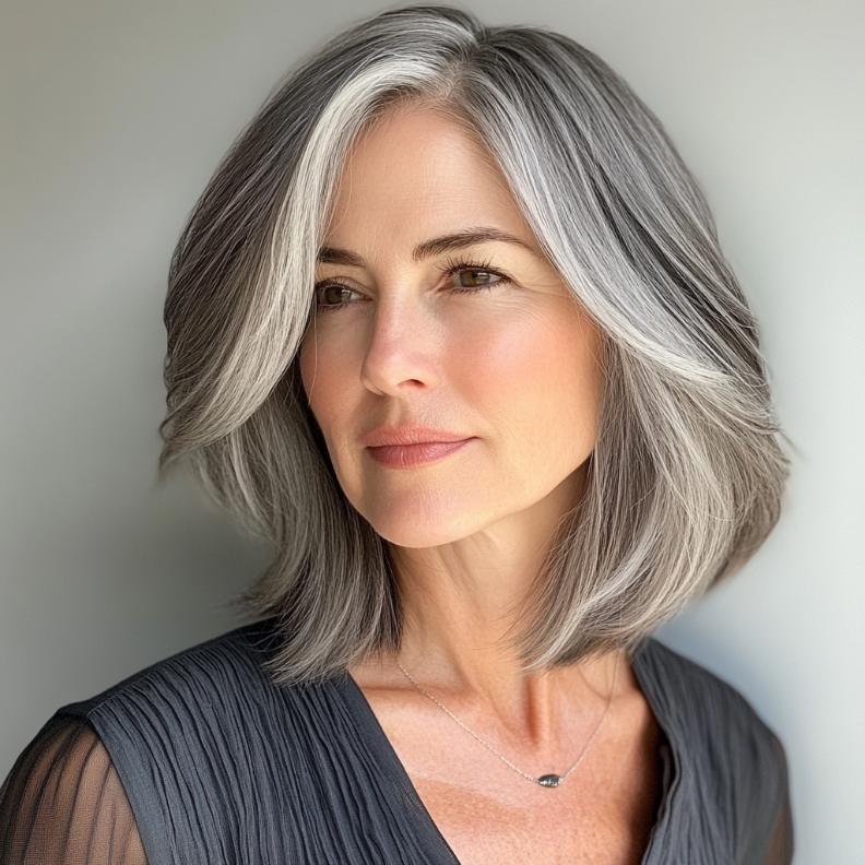 A chic gray layered lob with a deep side part for women over 50, providing a modern and flattering style.