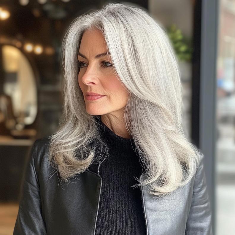 A chic gray long blunt cut with soft waves for women over 50, providing a modern and polished look.