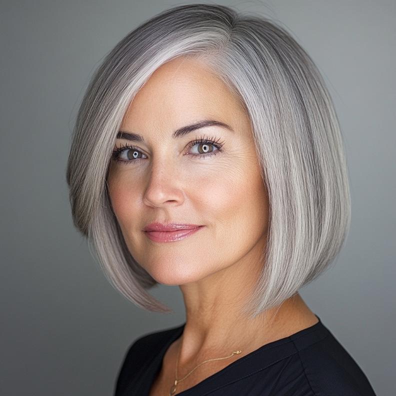 A chic gray sleek bob with subtle highlights for women over 50, providing a polished and sophisticated appearance.