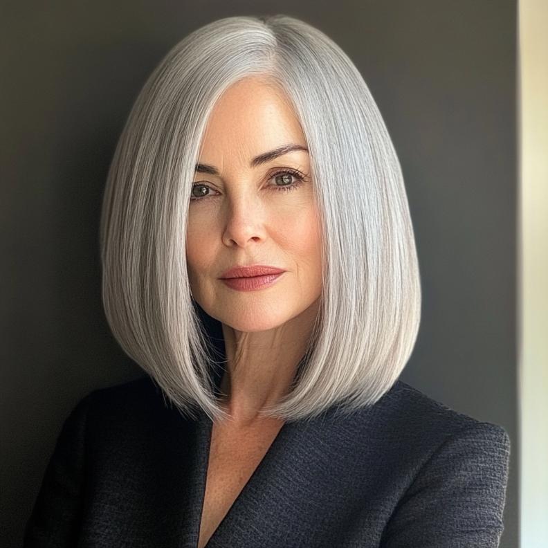 A chic gray sleek long bob for women over 50, providing a polished and sophisticated appearance.