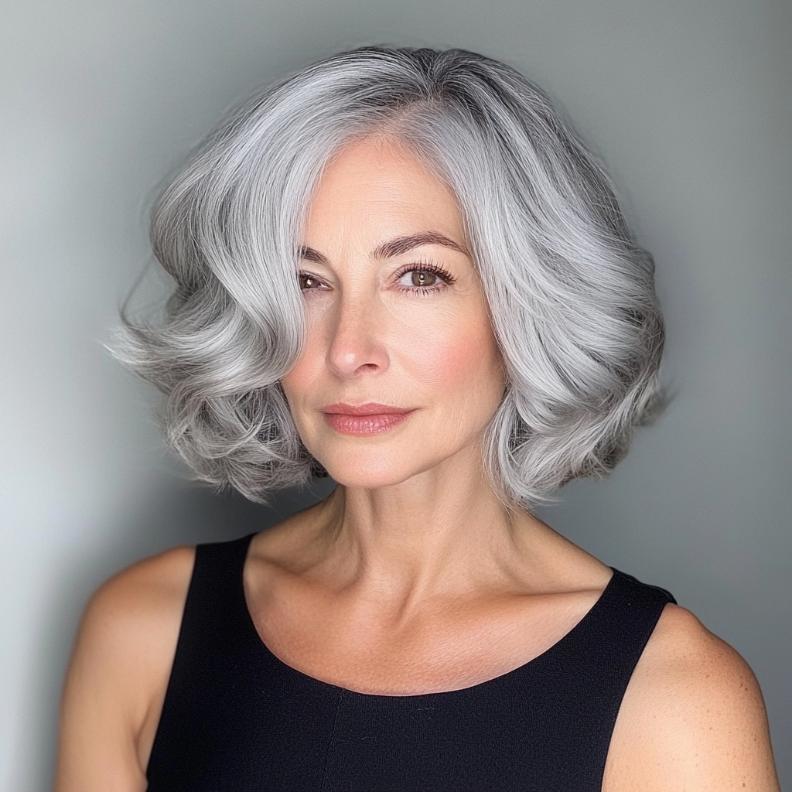 A chic gray wavy bob with tapered ends for women over 50, providing a soft and feminine look.