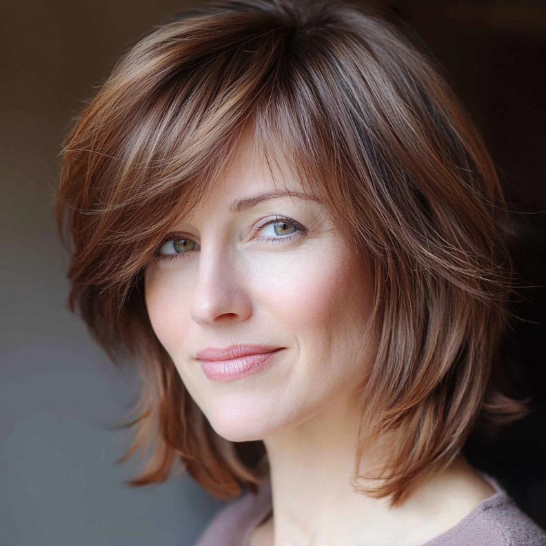 A chic layered bob for women over 40, styled with curved bangs that enhance the face shape and add dimension.