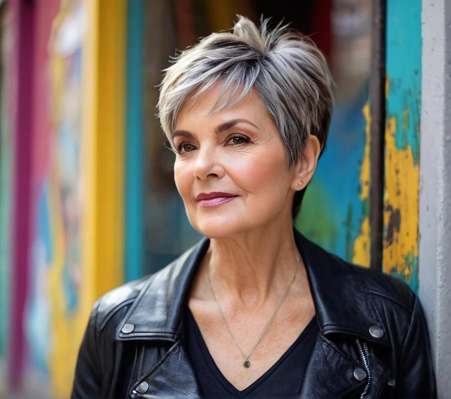 A chic layered pixie cut for women over 50 with round faces, adding height and dimension to the overall look.