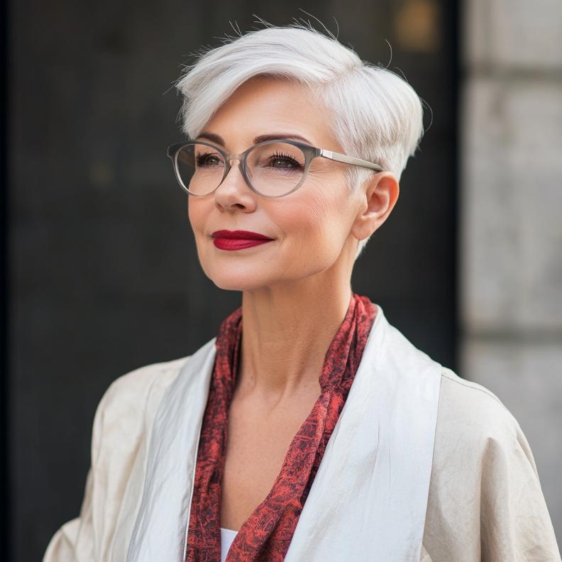 A chic older woman with a side-swept pixie cut, emphasizing her sharp and stylish features.