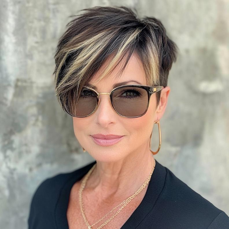 A chic pixie cut for women over 40, highlighted by long, sweeping side bangs that add a modern edge and a youthful vibe