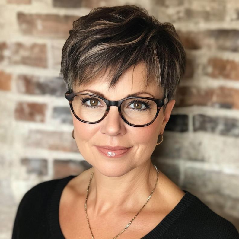 A chic pixie cut with longer bangs, providing a feminine and versatile look for women over 40 with glasses.