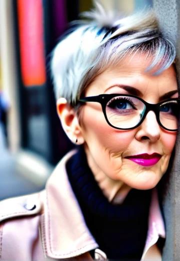 A chic pixie cut with soft, side-swept bangs, perfect for women over 50 wearing glasses.