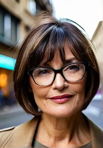 A chic, short layered haircut with bangs, ideal for mature women with glasses.