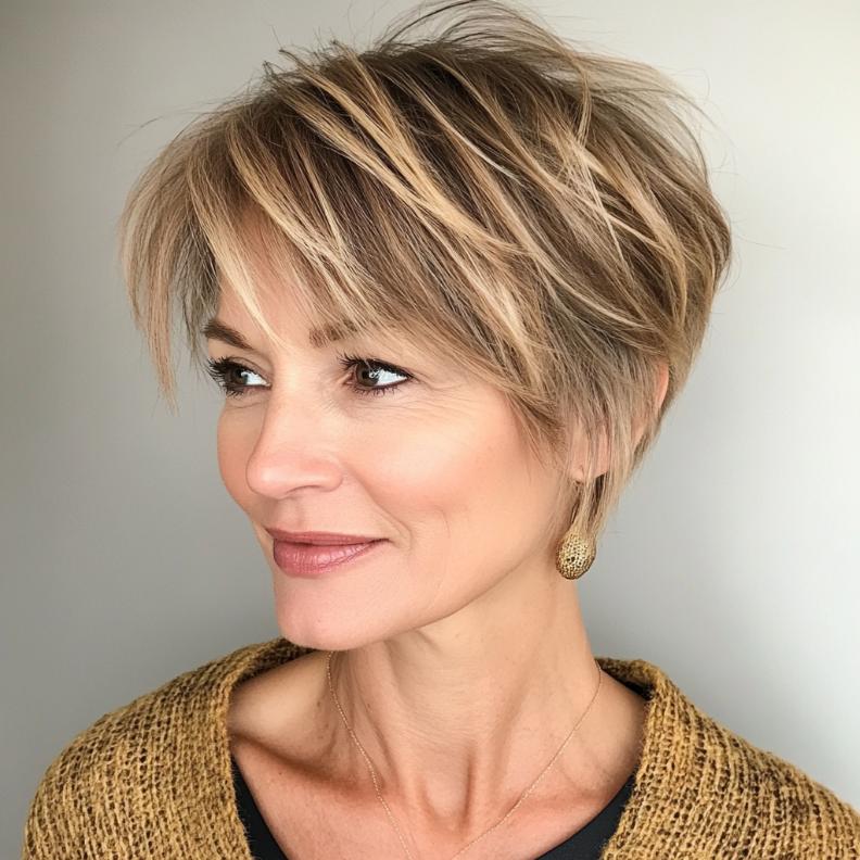 A chic textured crop hairstyle for women over 40, featuring side bangs that add a modern and stylish flair