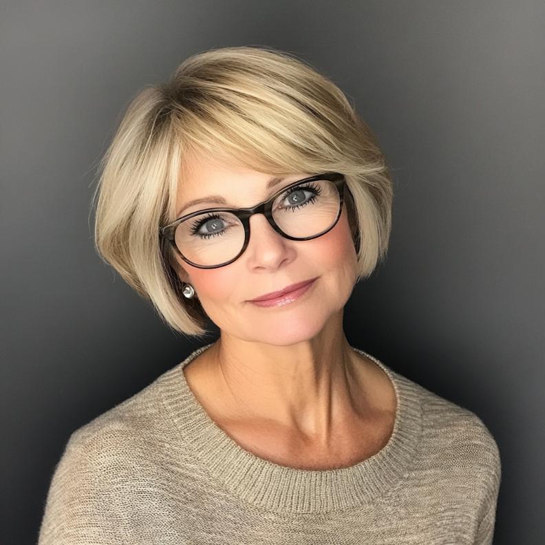 A chin-length bob, a stylish and simple short hairstyle for women over 50 with glasses, ideal for a classic and elegant look.