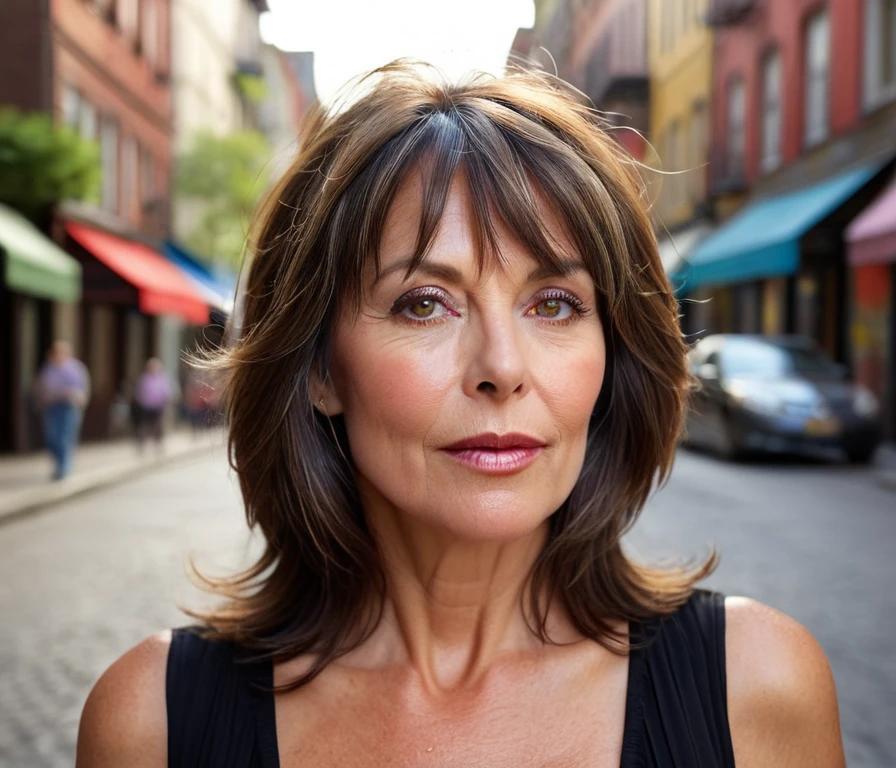 A chin-length shag hairstyle with layered bangs that highlight the eyes and cheekbones, perfect for women over 50.