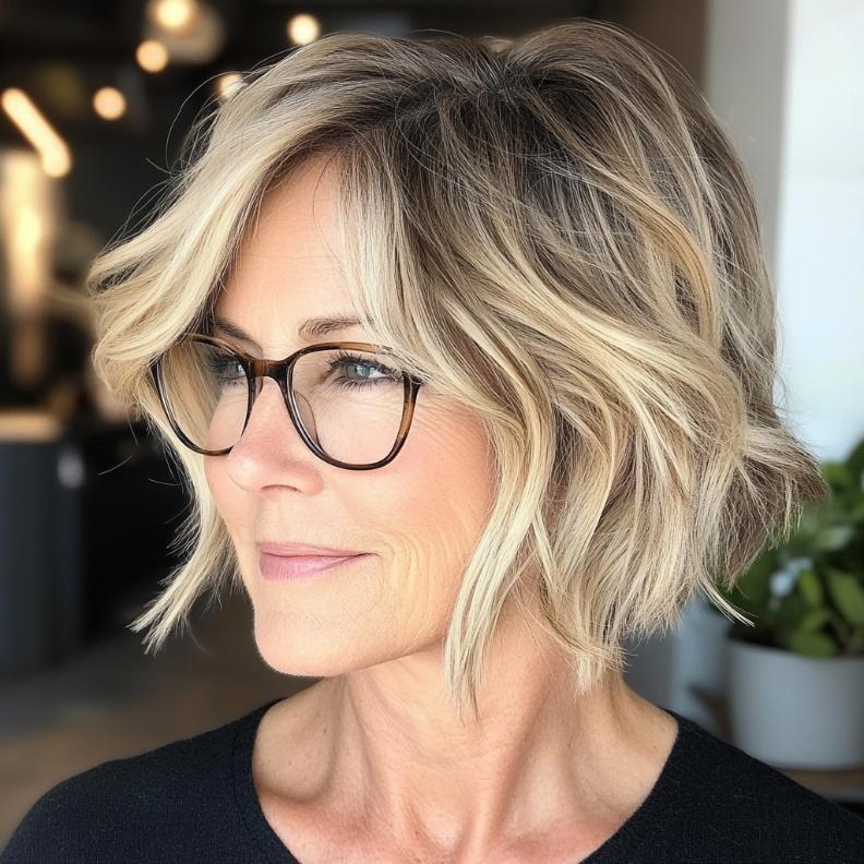 A choppy bob featuring playful highlights, adding dimension and a youthful touch for women over 40 with glasses.