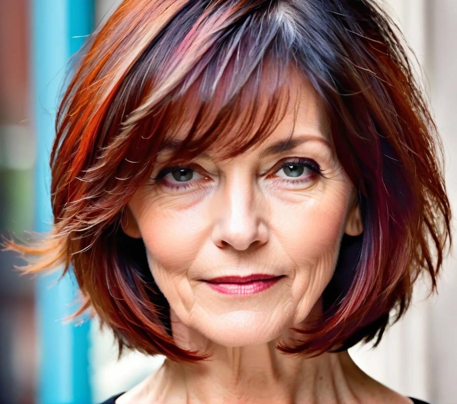 A choppy long bob with uneven ends, providing volume and movement, ideal for women over 50 with round faces.