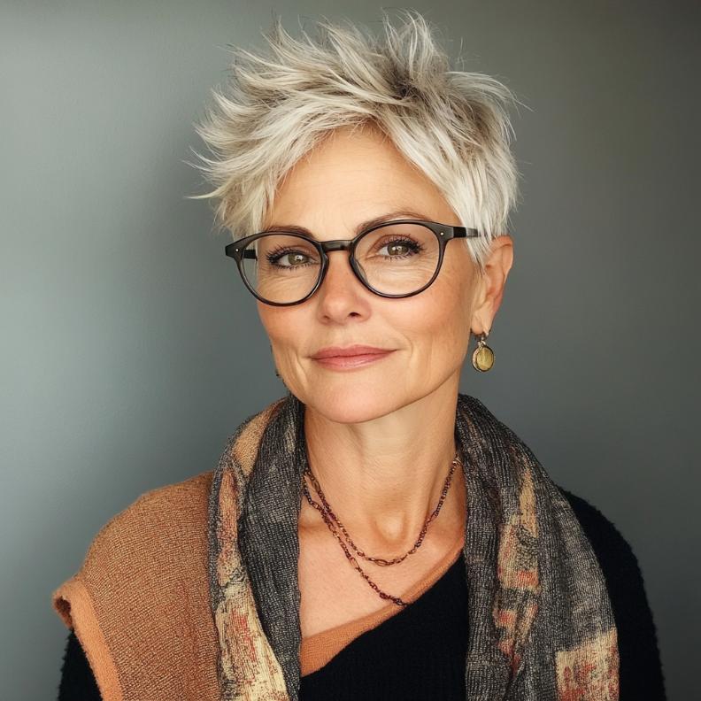 A choppy pixie, a textured and modern short hairstyle for women over 50 with glasses, adding a youthful and edgy flair.