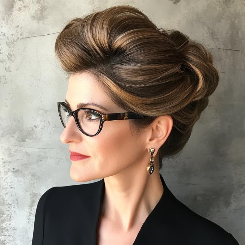 A classic and elegant updo that lifts the hair off the neck, perfect for formal occasions for women over 40 with glasses.