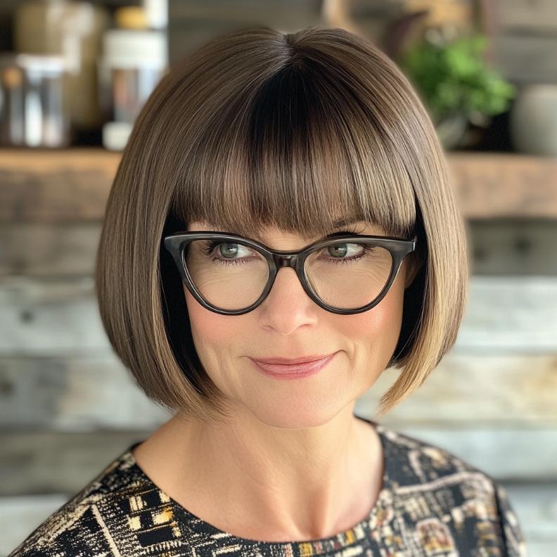 A classic bob paired with a straight fringe, highlighting the eyes and creating a youthful look for women over 40 with glasses.