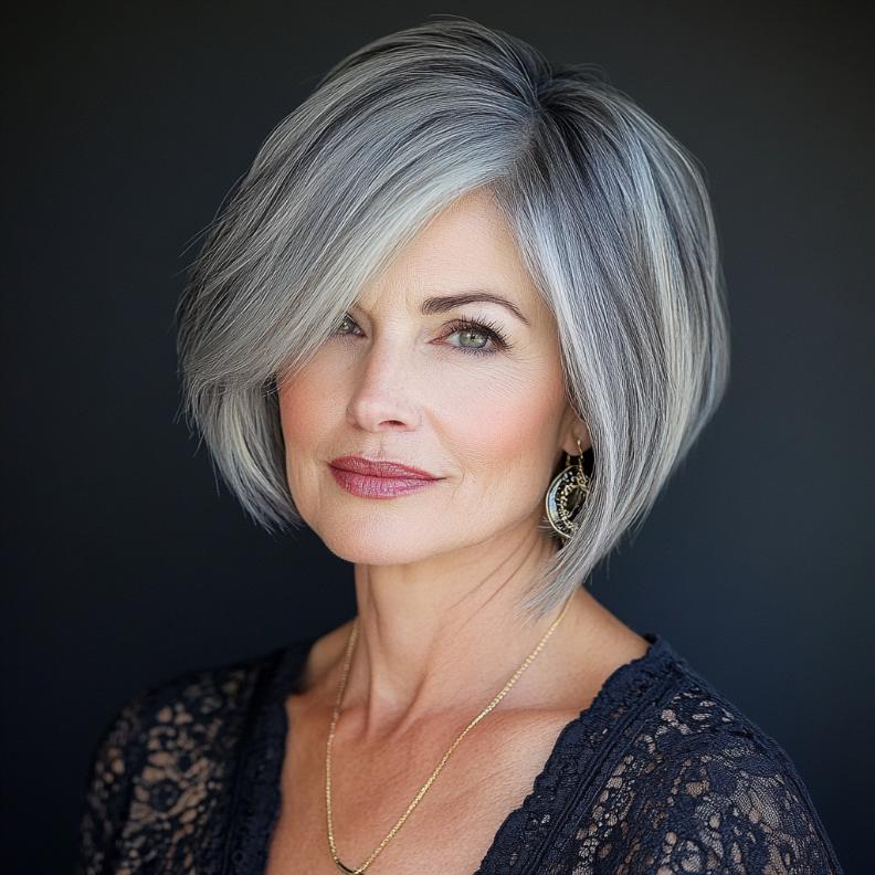 A classic gray short bob with side-swept bangs for women over 50, providing a timeless and elegant style.