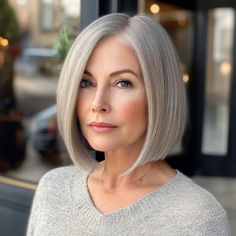 A classic gray soft blunt bob for women over 50, providing a clean and polished appearance.