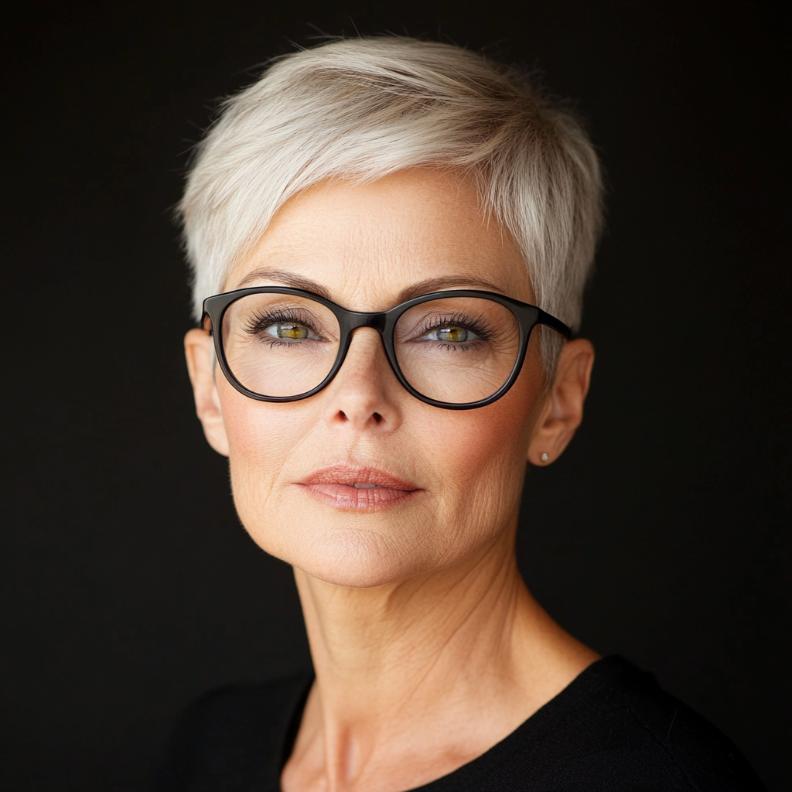 A classic pixie cut, a chic short hairstyle for women over 50 with glasses, highlighting a sleek and timeless look.