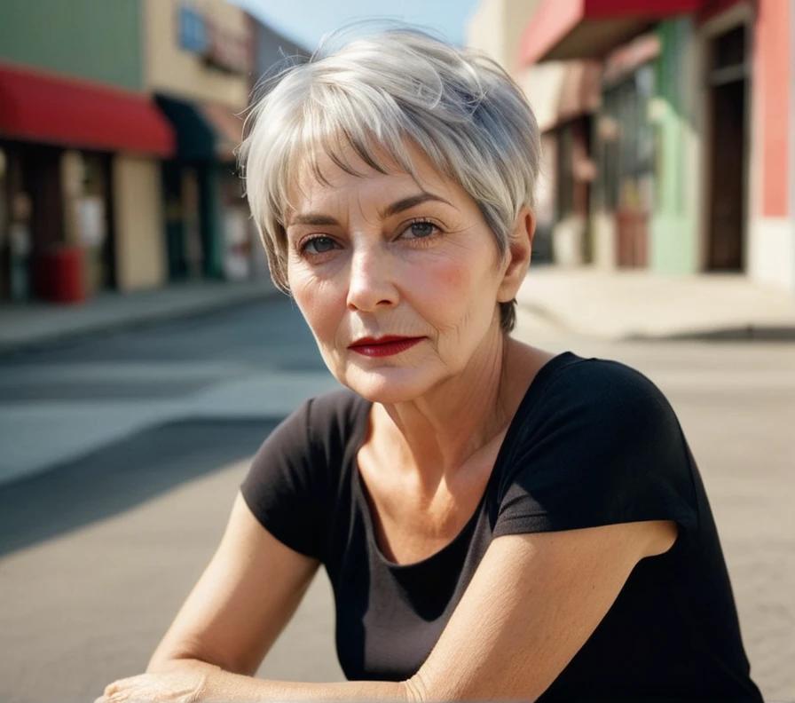 A confident older woman embracing her silver hair with a chic pixie cut, highlighting her natural beauty.