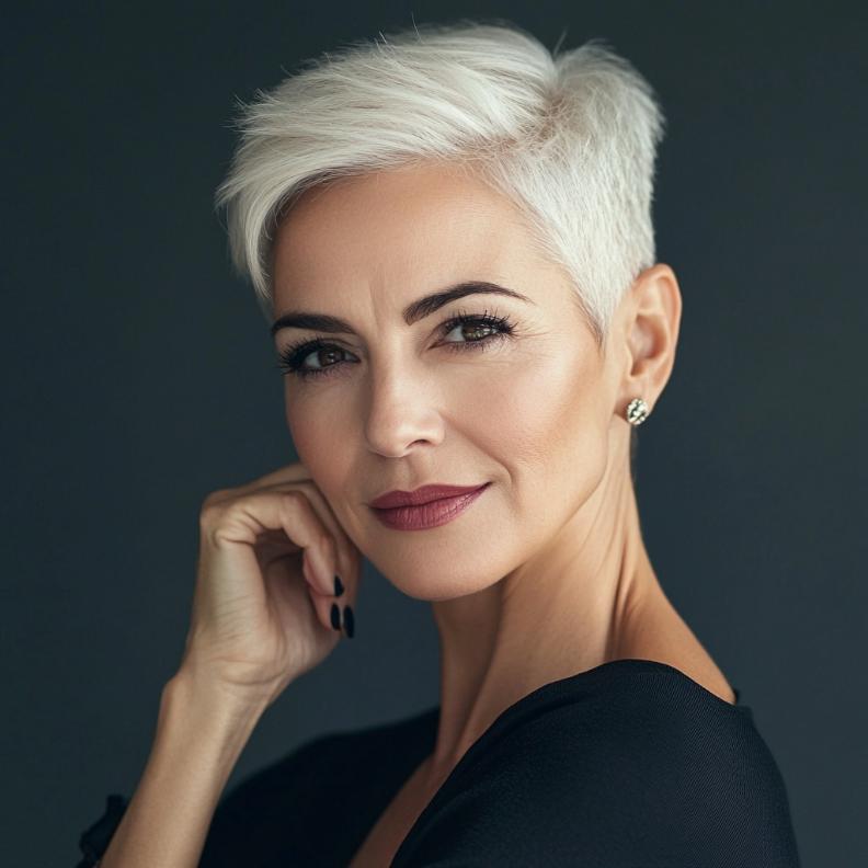 A confident older woman with a short, edgy pixie cut, showcasing a sleek and modern look.