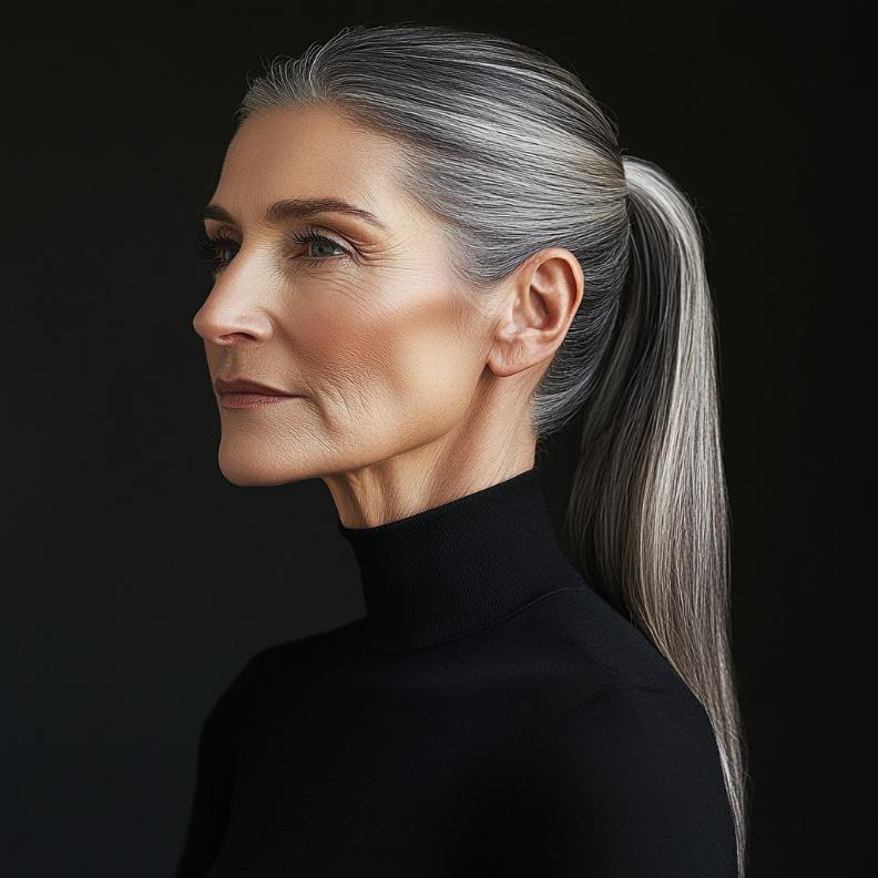  A confident older woman with a sleek ponytail, offering a clean and sophisticated style.