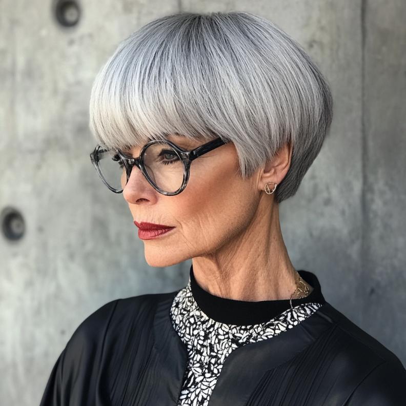 A contemporary gray modern bowl cut for women over 50, perfect for those who love a bold and unique style.