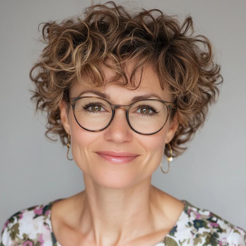 A cropped hairstyle featuring tight curls that add volume and character, ideal for women over 40 with glasses.