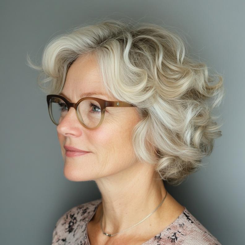 A curled under bob, a soft and feminine short hairstyle for women over 50 with glasses, adding a gentle curl under the chin.