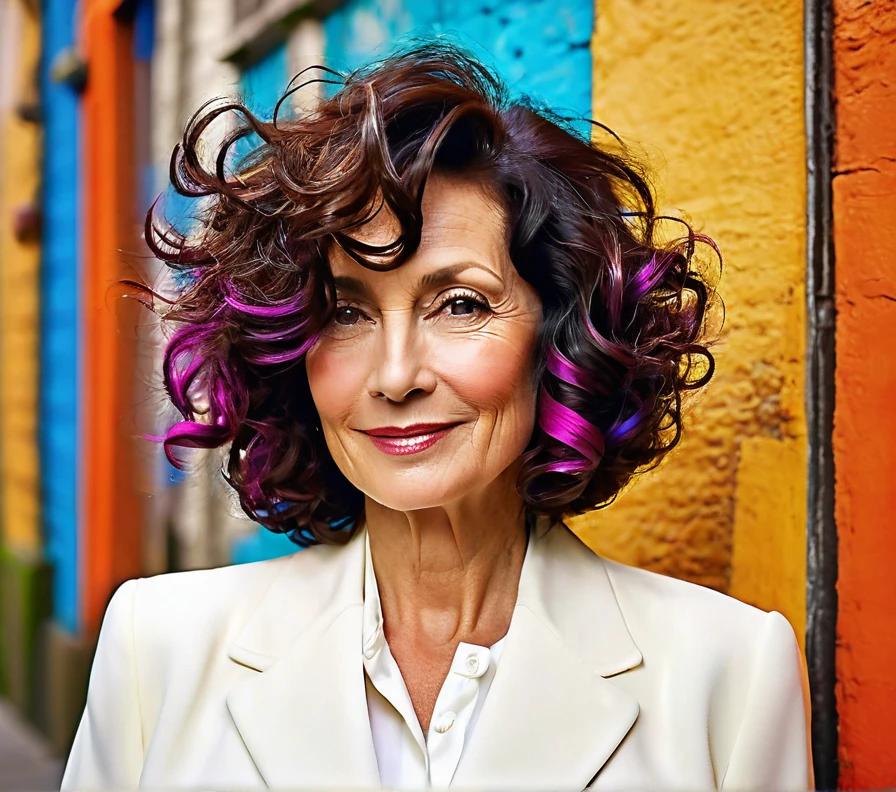 A curly bob with a side part, designed for women over 50 with round faces, breaking up symmetry and adding length.