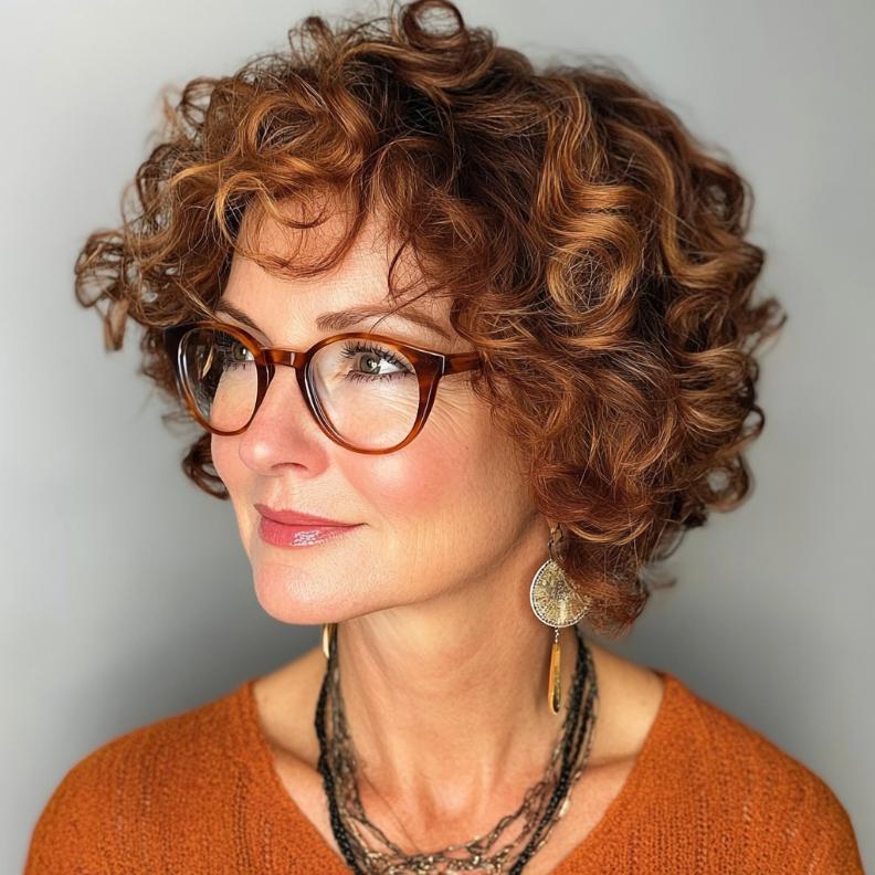 A curly crop, a vibrant short hairstyle for women over 50 with glasses, embracing natural curls with a modern twist.