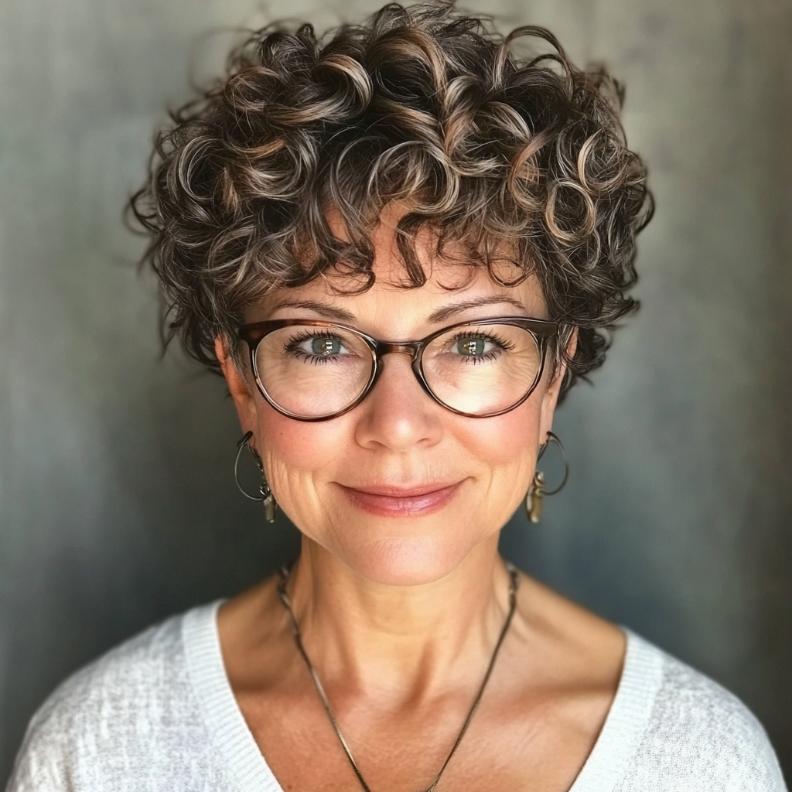 A curly pixie, a lively and natural short hairstyle for women over 50 with glasses, embracing curls with a modern twist.