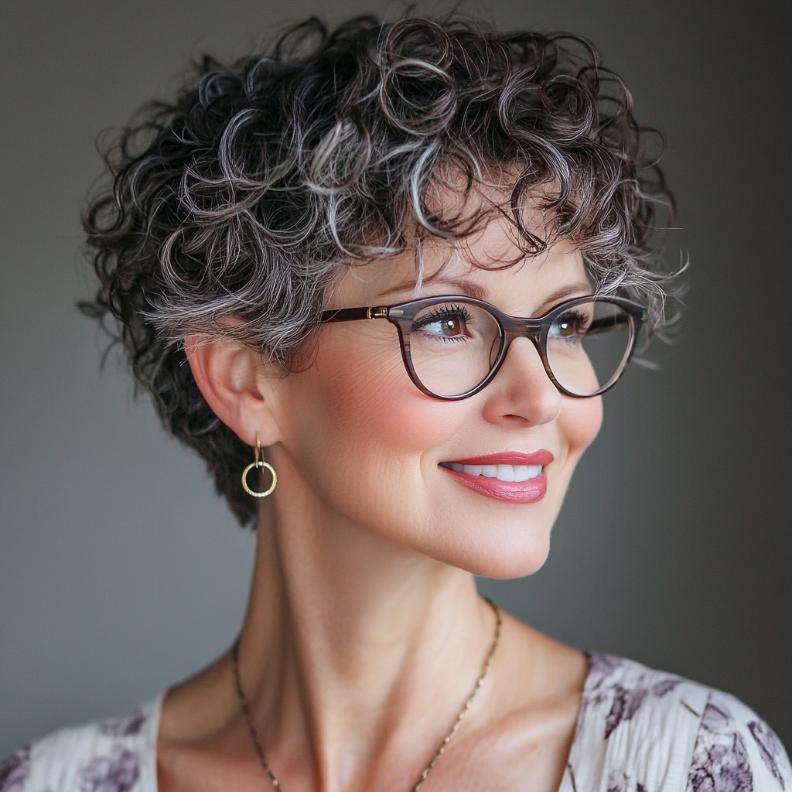 A curly pixie cut that adds volume and texture, perfect for women over 40 with glasses who embrace their natural curls.