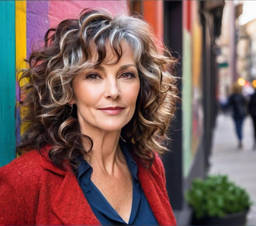 A curly shag cut with layers and volume, making it ideal for women over 50 with round faces.