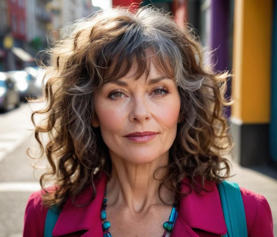 A curly shag hairstyle with light, wispy bangs that frame the face beautifully, suited for women over 50 embracing their natural curls.