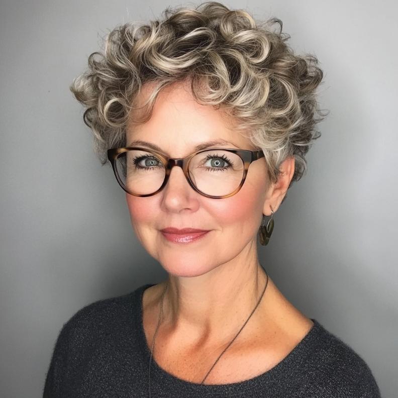 A curly tapered cut, a voluminous and lively short hairstyle for women over 50 with glasses, with tight curls tapering at the back.