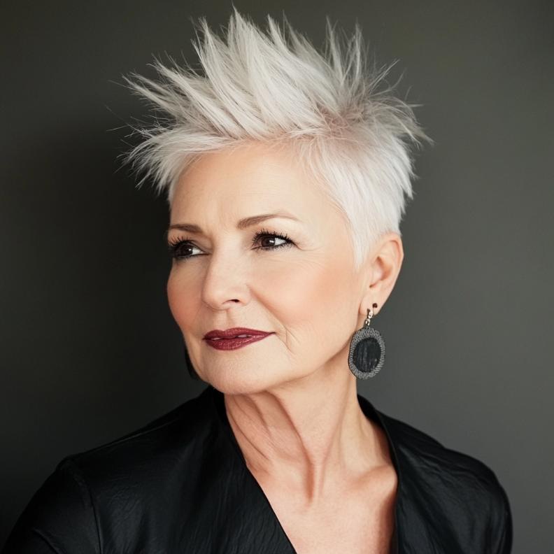 A daring woman over 60 with a short, spiky haircut, showcasing her edgy and spirited personality.