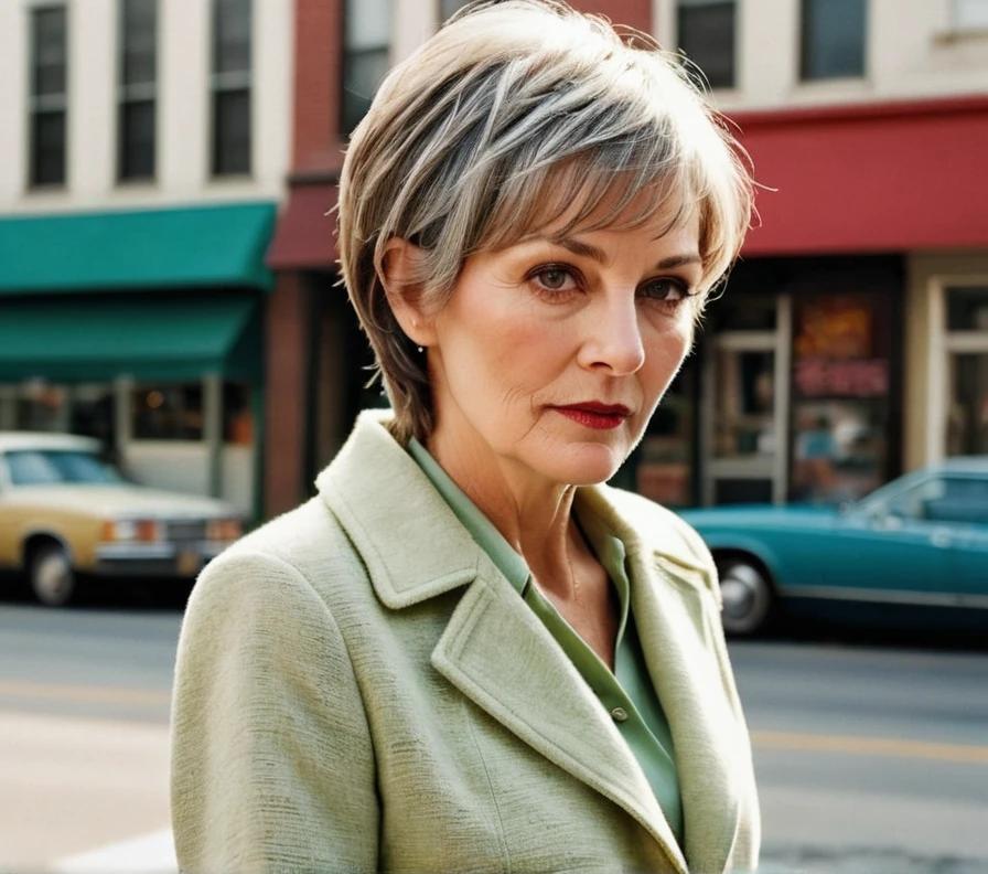 A different take on the pixie cut with long side bangs, showcasing a woman over 50 with a soft, feminine style.