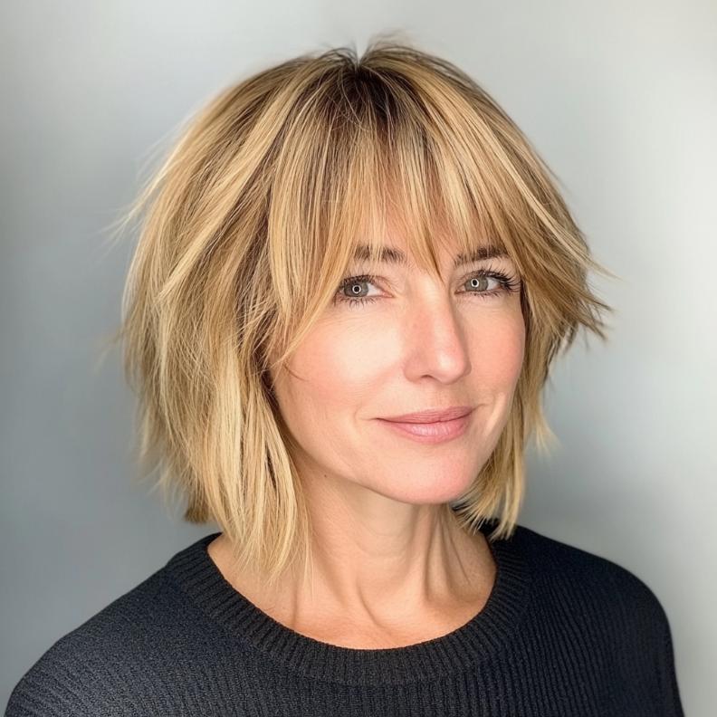 A fashionable choppy bob hairstyle for women over 40, complemented by curtain bangs that soften the overall look.