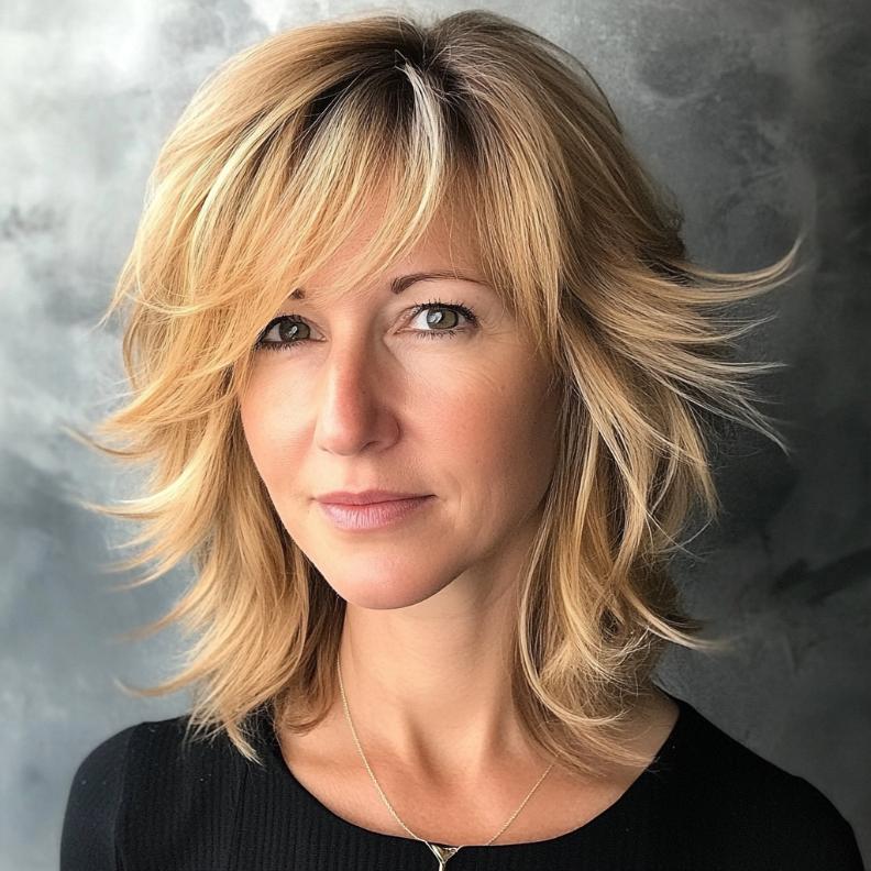 A fashionable lob haircut for women over 40, styled with layered ends and choppy bangs for a dynamic and youthful appearance.