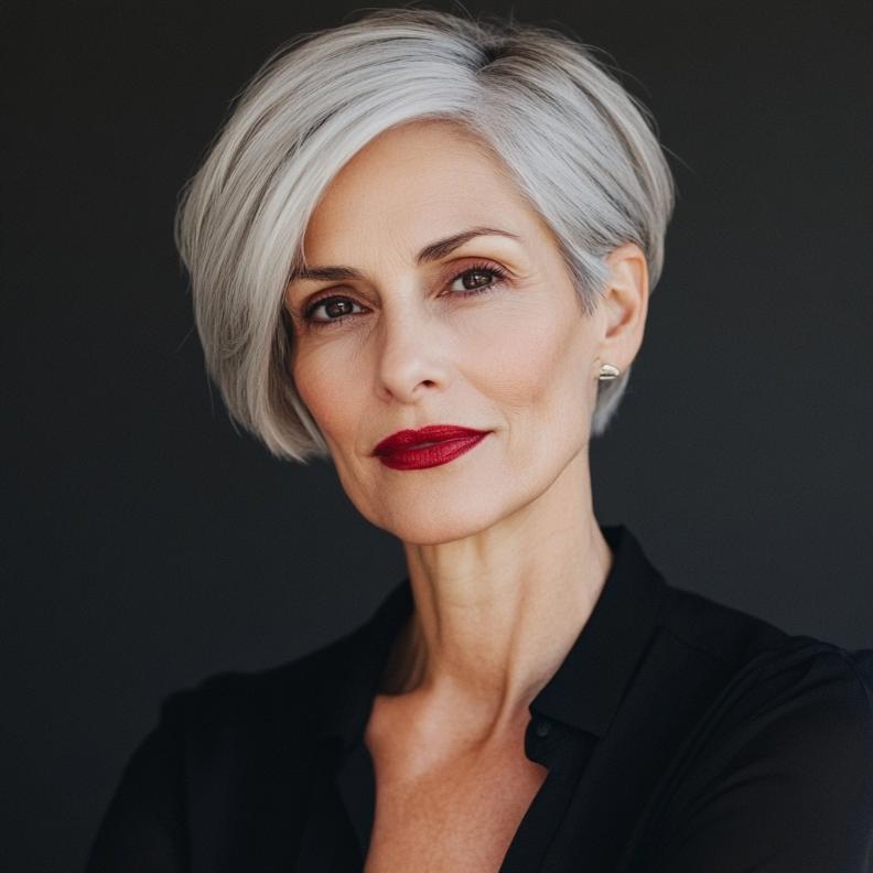 A fashionable older woman with a short bob and a subtle undercut, blending classic and modern elements.