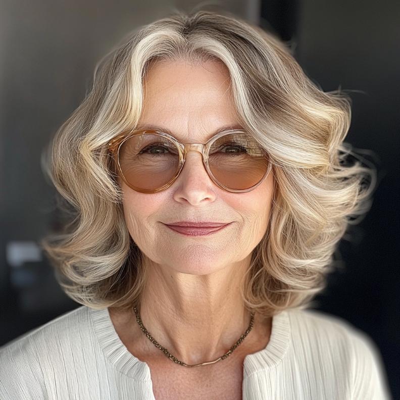 A fashionable woman over 60 with a wavy lob, enhanced by balayage highlights for a sun-kissed effect.