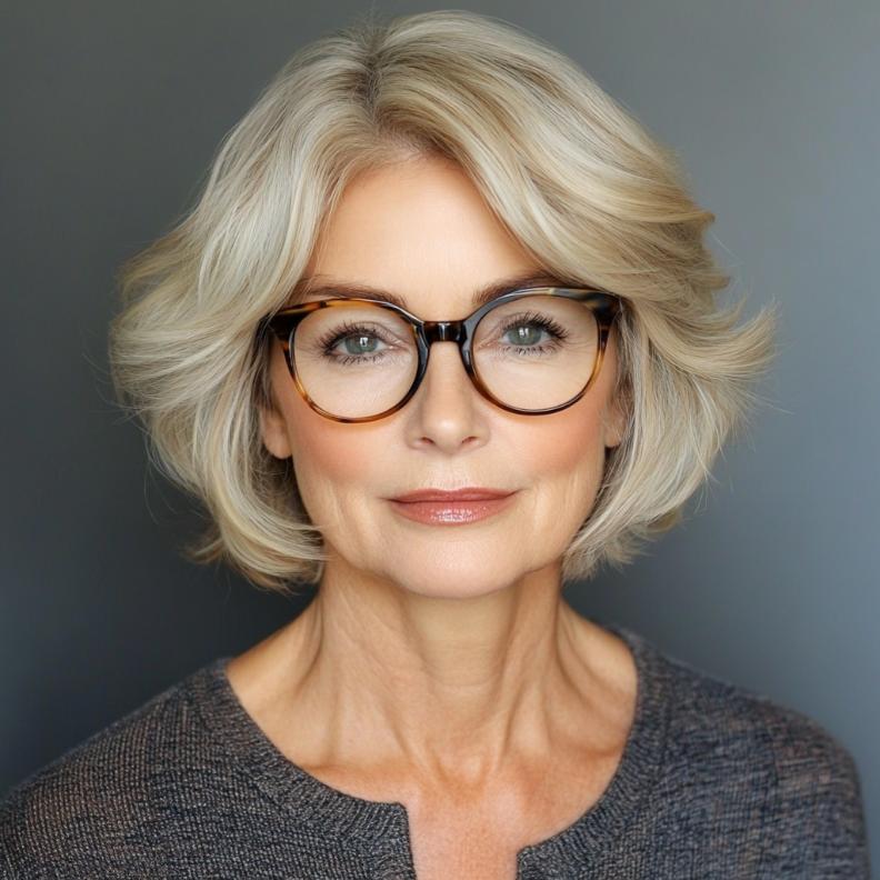 A feathered bob, a soft and elegant short hairstyle for women over 50 with glasses, enhancing the face with gentle layers.