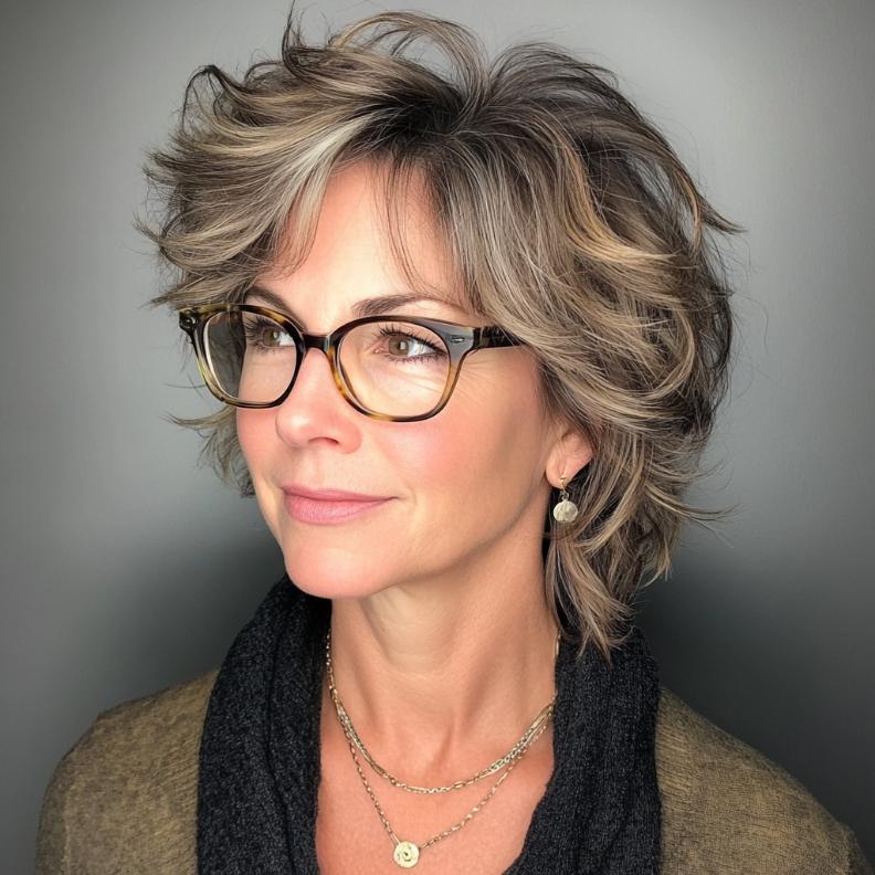 A feathered shag cut with lots of layers and texture, offering a playful and youthful vibe for women over 40 with glasses.