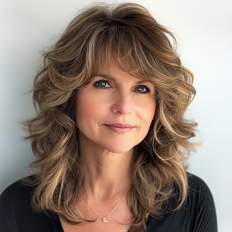 A feminine hairstyle for women over 40, with soft curls and wispy bangs that add a delicate and romantic touch.