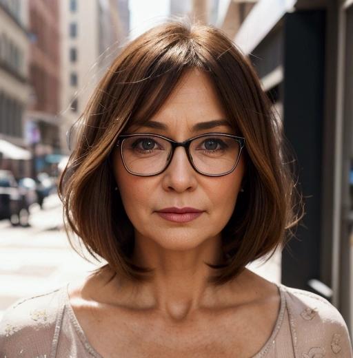 A flattering chin-length bob with layers, tailored for mature women with glasses.